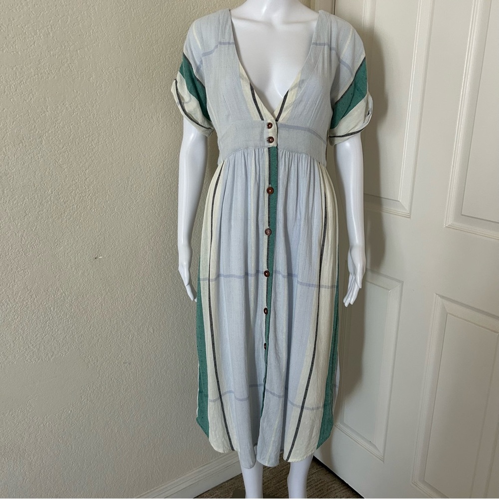 Oneill Reid Multi Striped White Green Button Up Plunge V-Neck Midi Dress Small - Picture 2 of 15